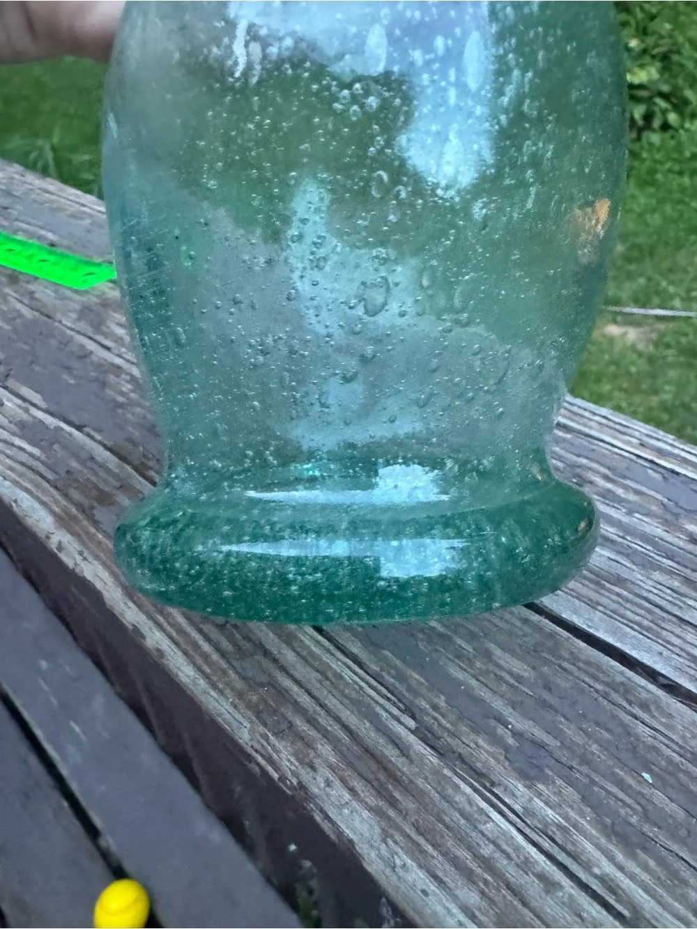 Aqua bubble glass handblown vase with boat etching very rare HTF EUC